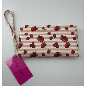 Betsey Johnson Wristlet Zip Around Wallet Stripe W Multi Berries Red Multi